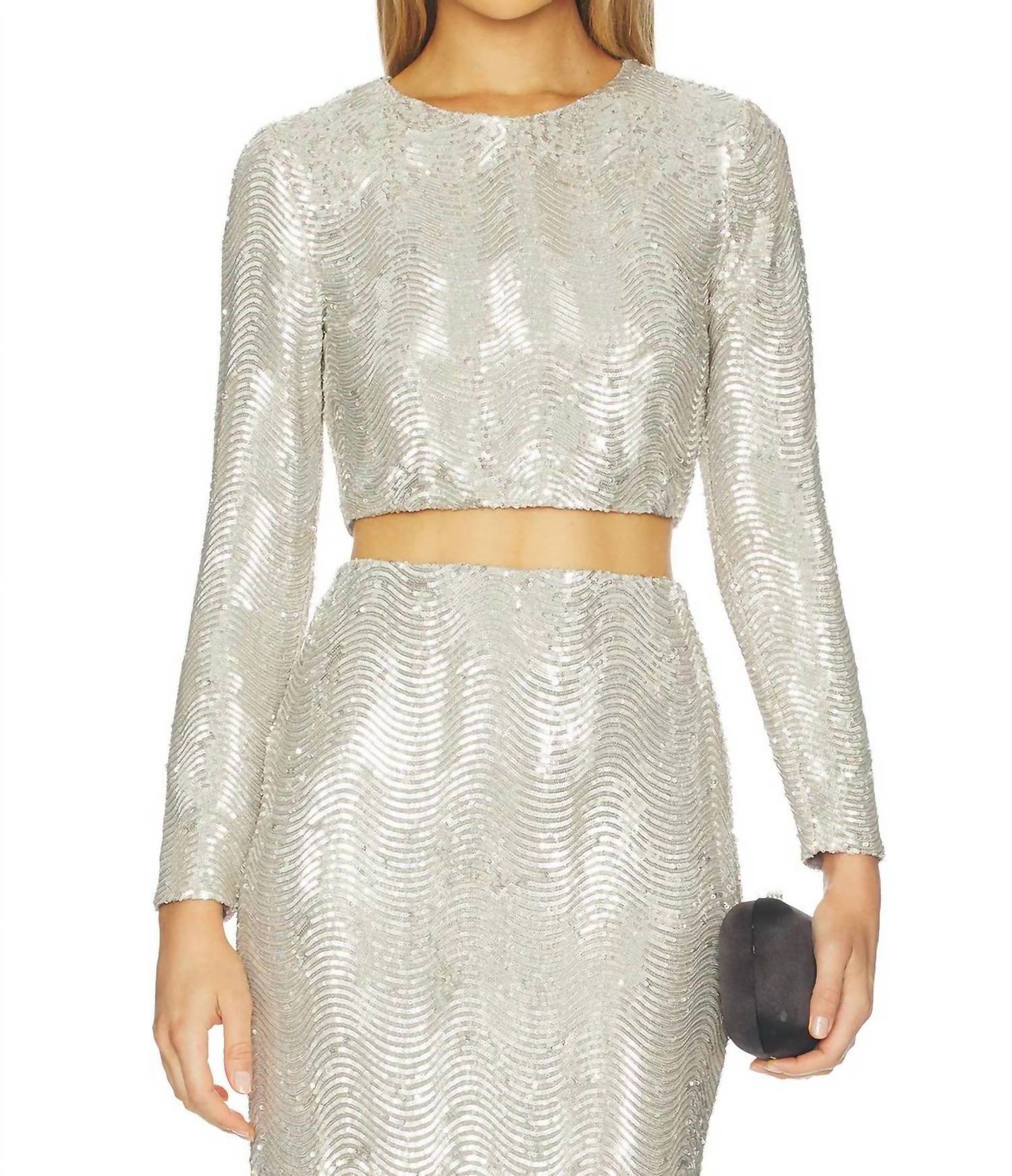 New L'agence Rogan Crop Long Sleeve Top In Silver Sequin Swirl